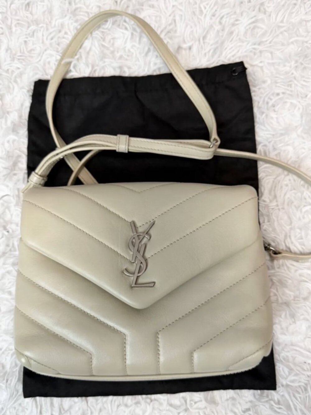 SAINT LAURENT Calfskin Y Quilted Monogram Toy Loulou Crossbody Bag in Ivory